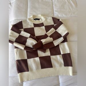 Cozy Brown and Cream Checkered Turtleneck Sweater